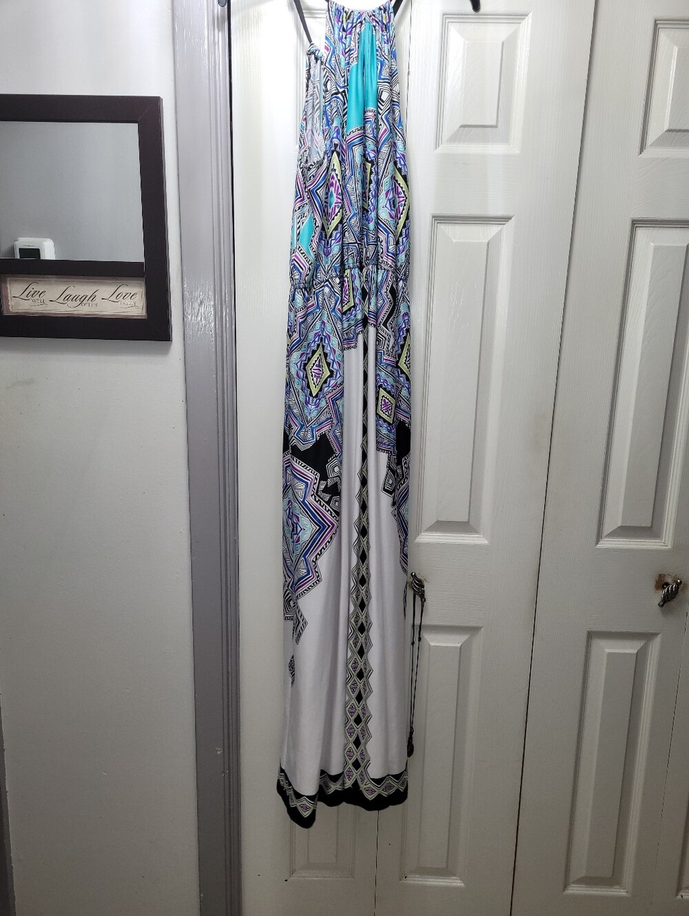 2X Teal Geo-Print Maxi Dress with Black Tie